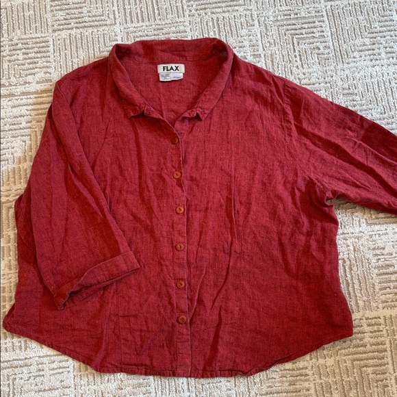 Flax Tops - Flax Linen Red Button Down 3/4 Sleeve Collared Lagenlook Shirt